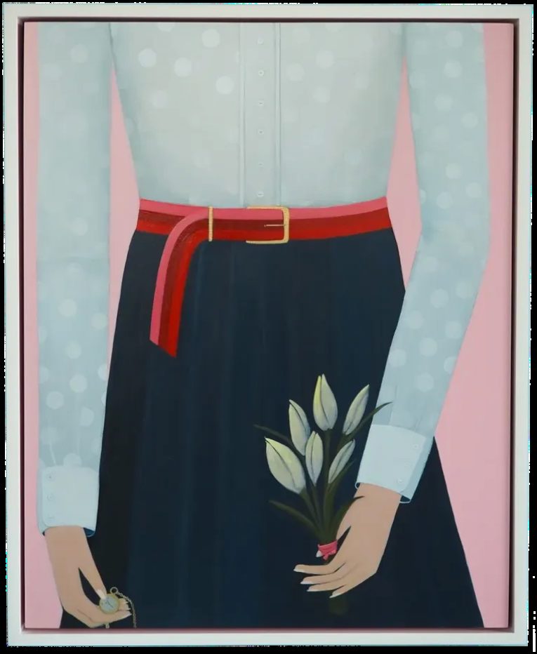 Angela Burson painting in a white painted maple float frame, SBAS Houston
