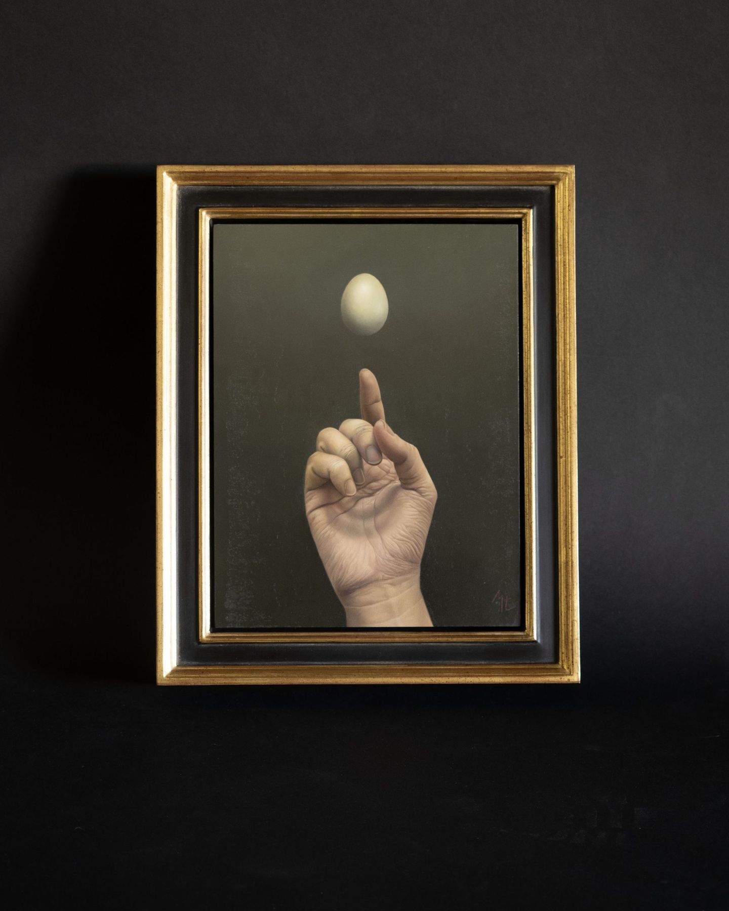 Still life painting in an antiqued gold leaf frame with toned finish, SBAS Houston