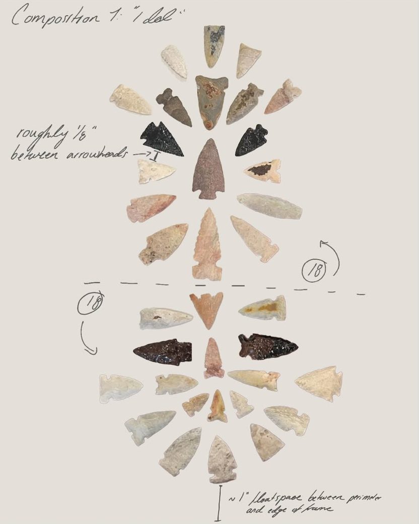 Design sketch for mounting a collection of 36 arrowheads, SBAS Houston