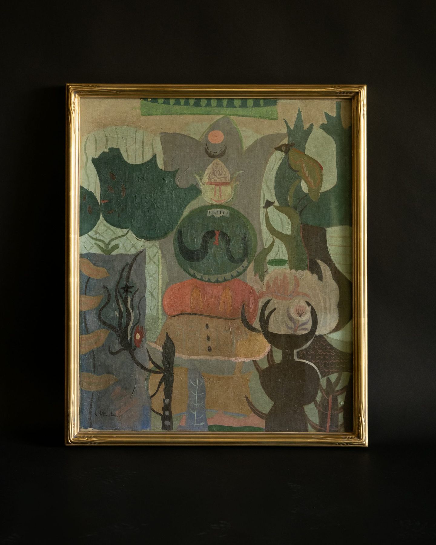Folk art painting in a carved and gilded gold leaf frame, SBAS Houston