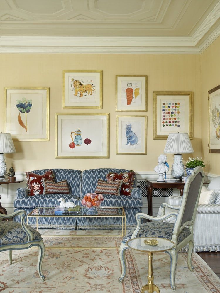 Living room of a Houston collector's residence hung with custom-framed works on paper, framing by SBAS