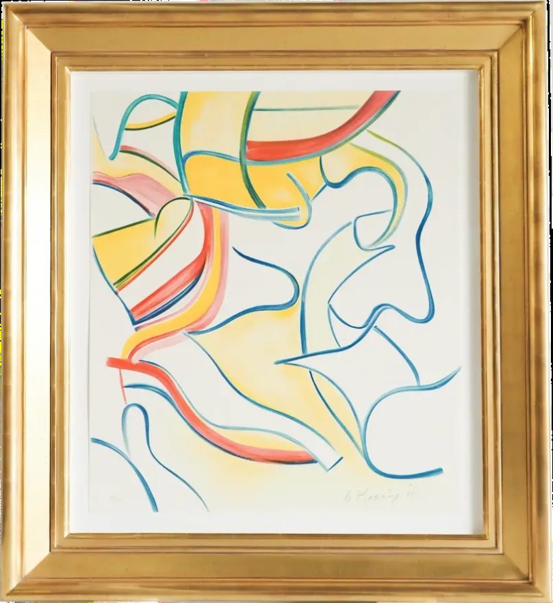 Willem de Kooning lithograph in an antiqued Sully frame with fly specking, SBAS Houston