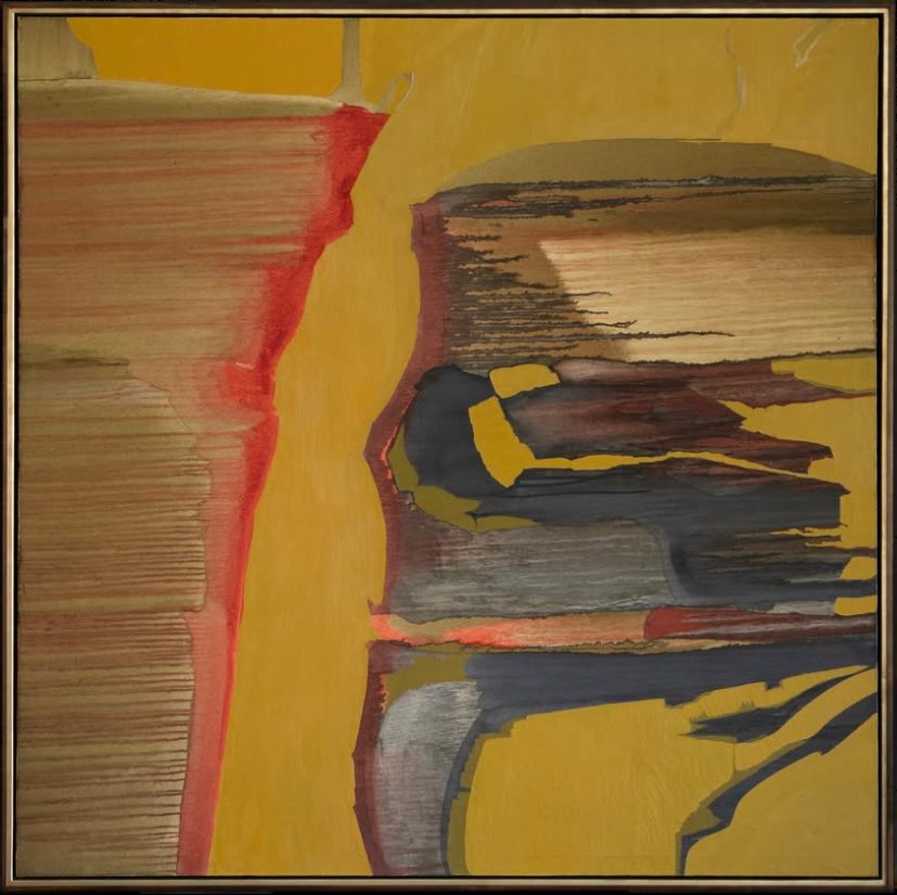 Dorothy Hood painting Brazil in a slim step frame with white gold over green clay, SBAS Houston