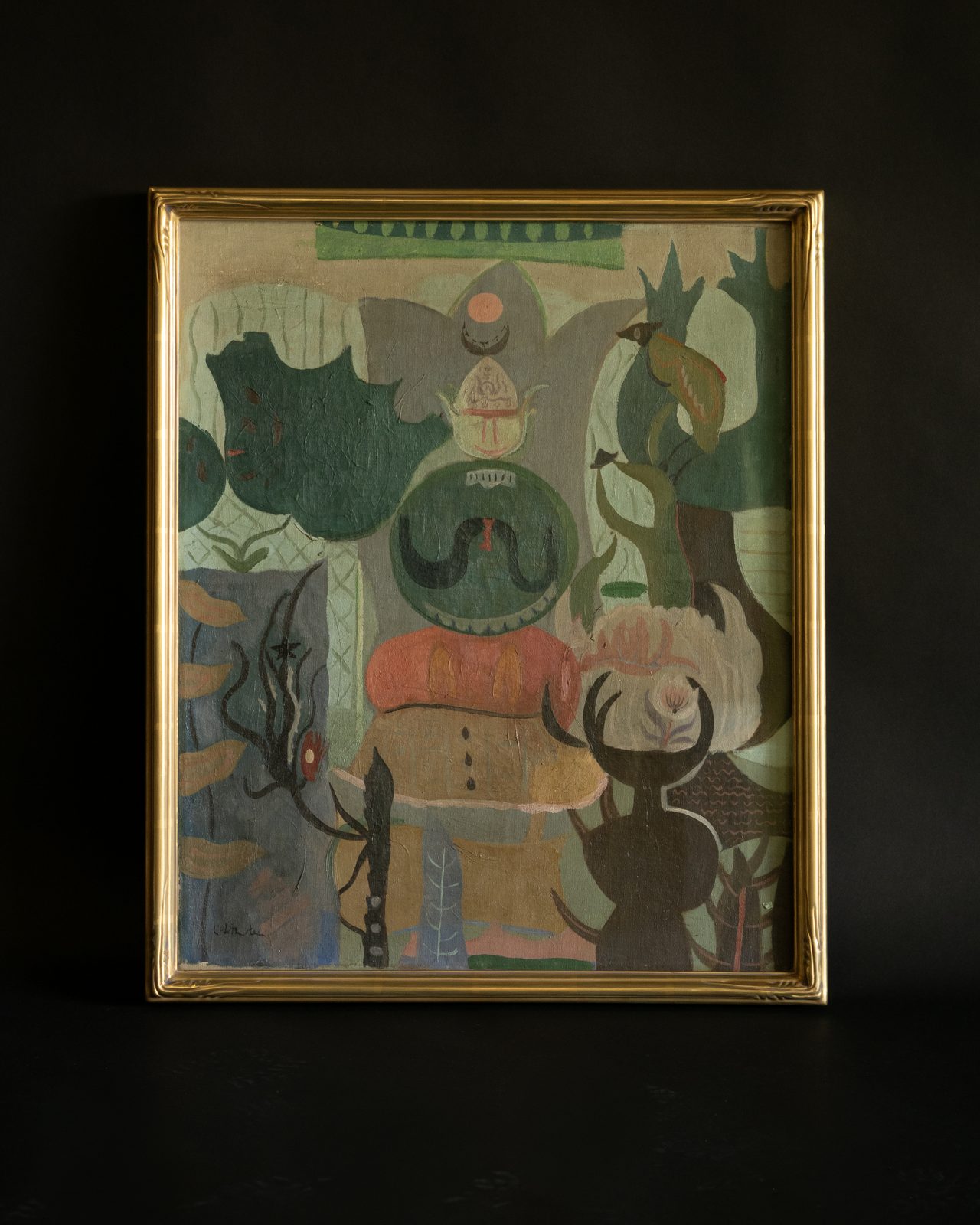 Folk art painting in a carved gilded frame, SBAS Houston