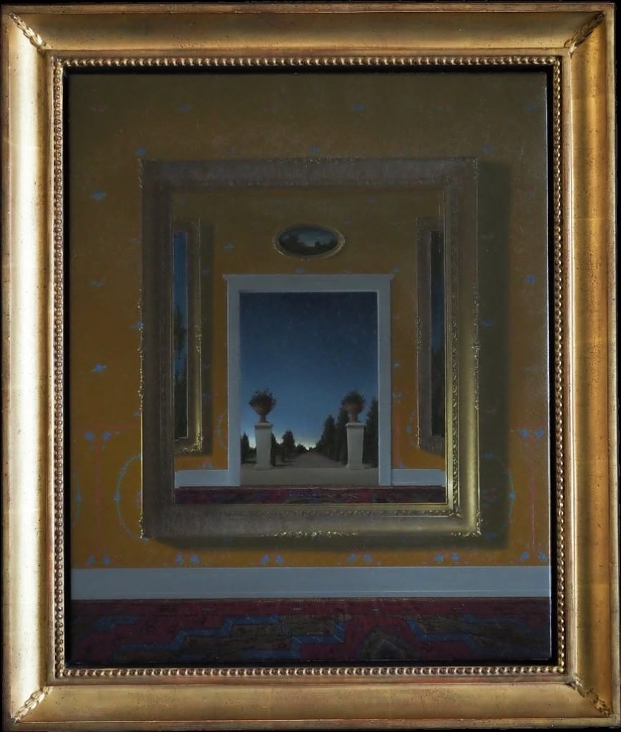 Quentin James McCaffrey Mirror with View floated in a gilded cove frame with floral corner motifs, SBAS Houston