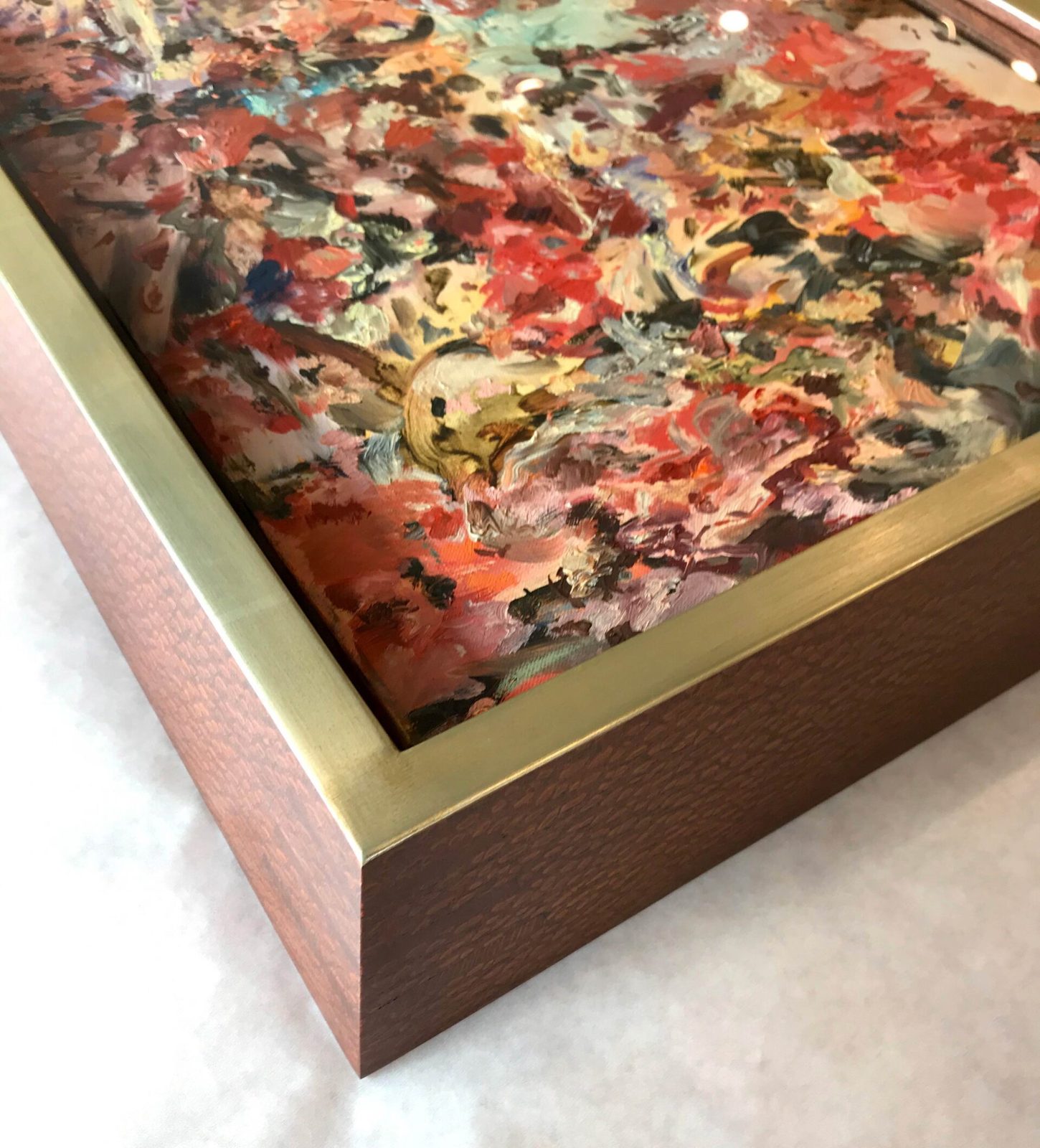 Corner detail of a gold leaf fish-tail frame with oak sides on a Cecily Brown painting, SBAS Houston
