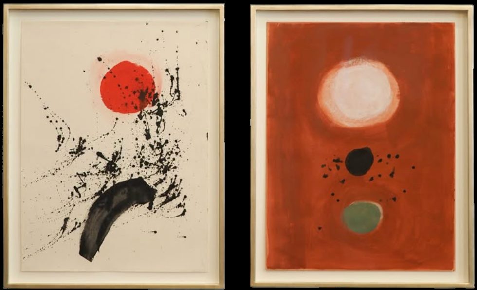 Adolph Gottlieb Burst series pair in matching white gold frames with umber wash, SBAS Houston