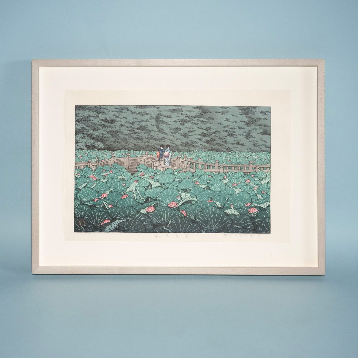 Hasui Kawase woodblock print in a bleached maple gray wash frame, SBAS Houston