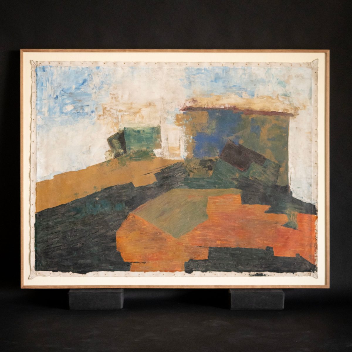 Ram Kumar oil painting in a natural cherry wood frame, SBAS Houston