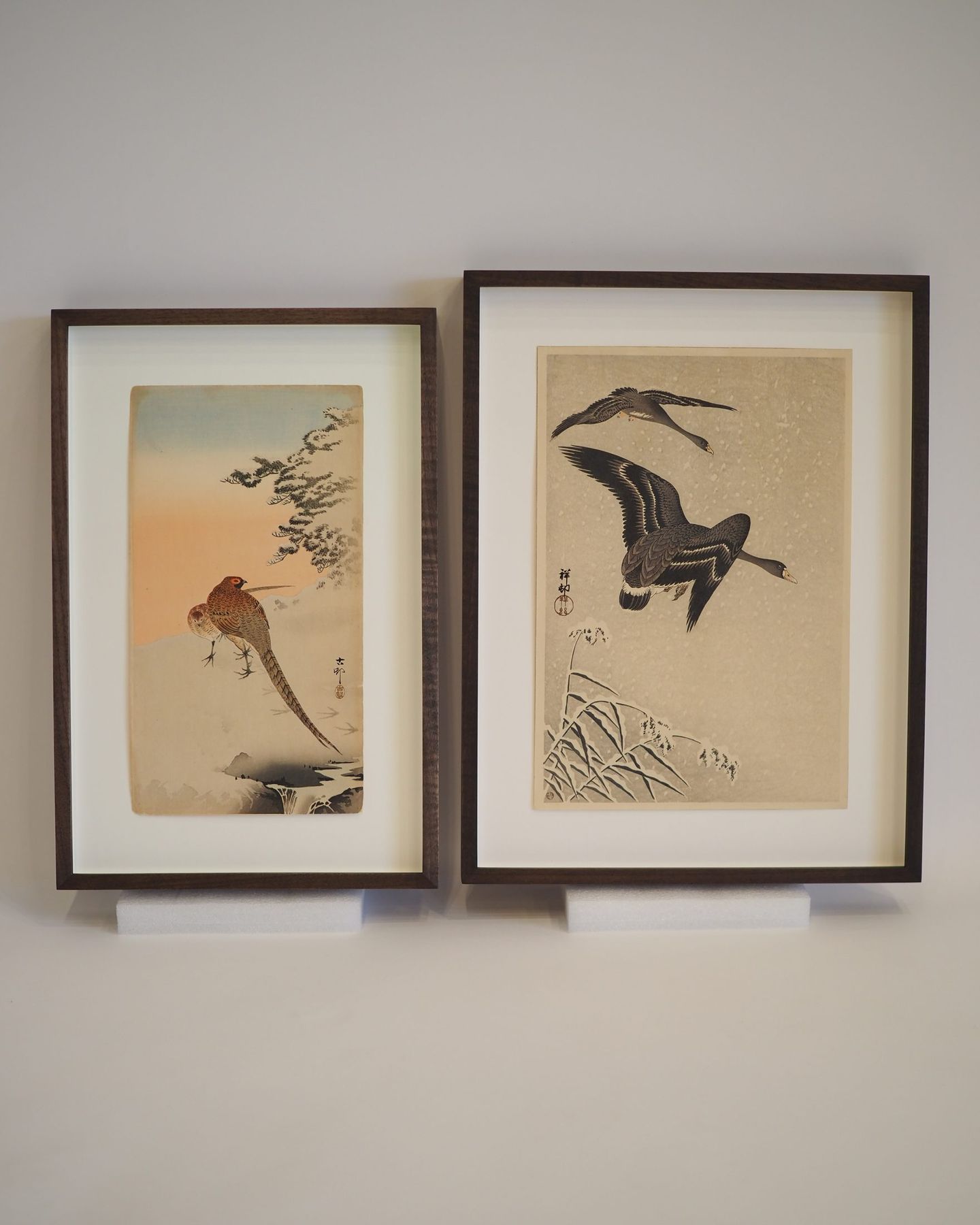 Pair of Japanese woodblock prints in hand-finished American walnut frames by SBAS Houston