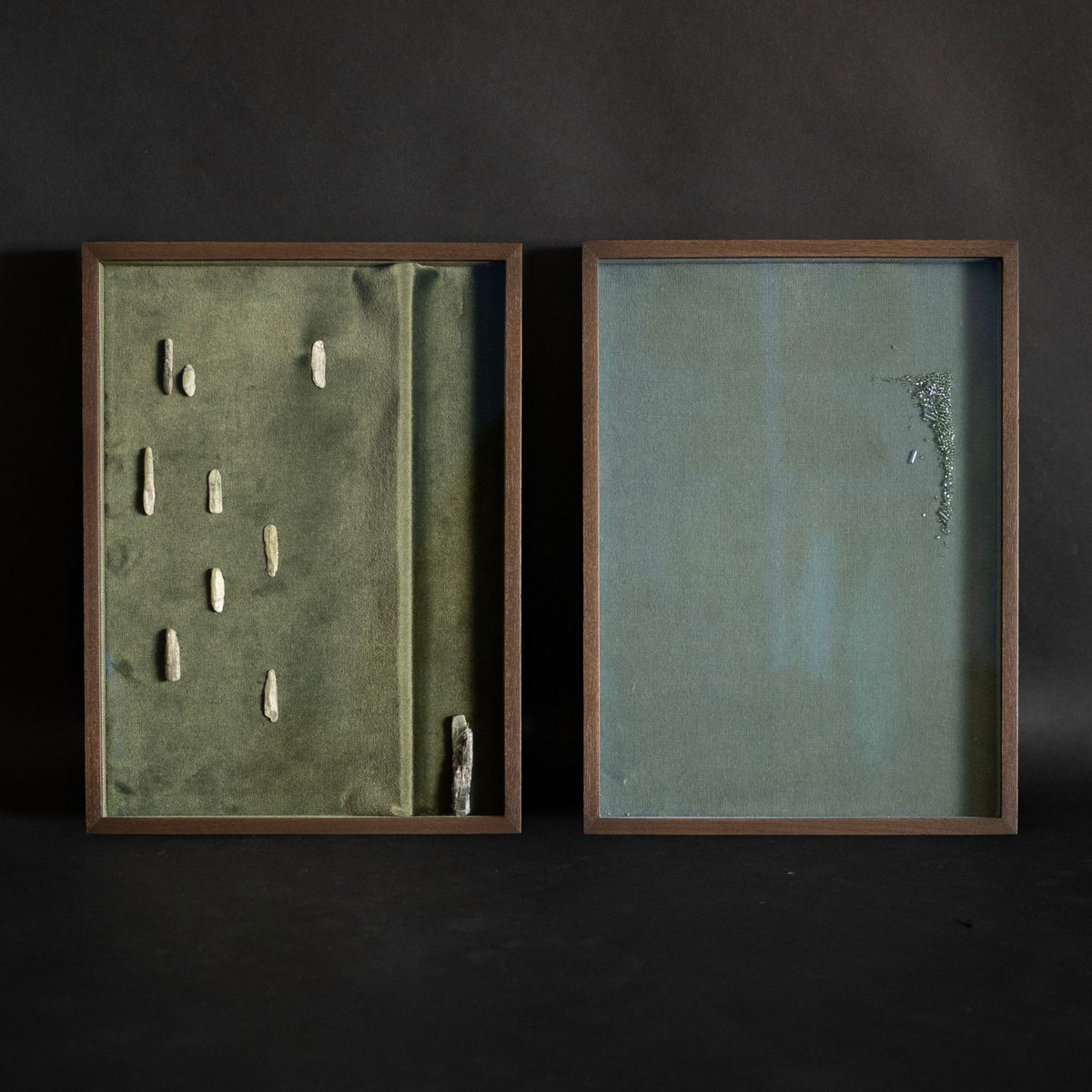 João Modé textile diptych in walnut provincial frames with velvet breathers, SBAS Houston