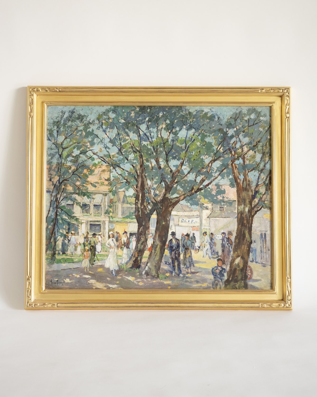 Impressionist park scene in a carved gold leaf frame handcrafted in the SBAS Houston studio