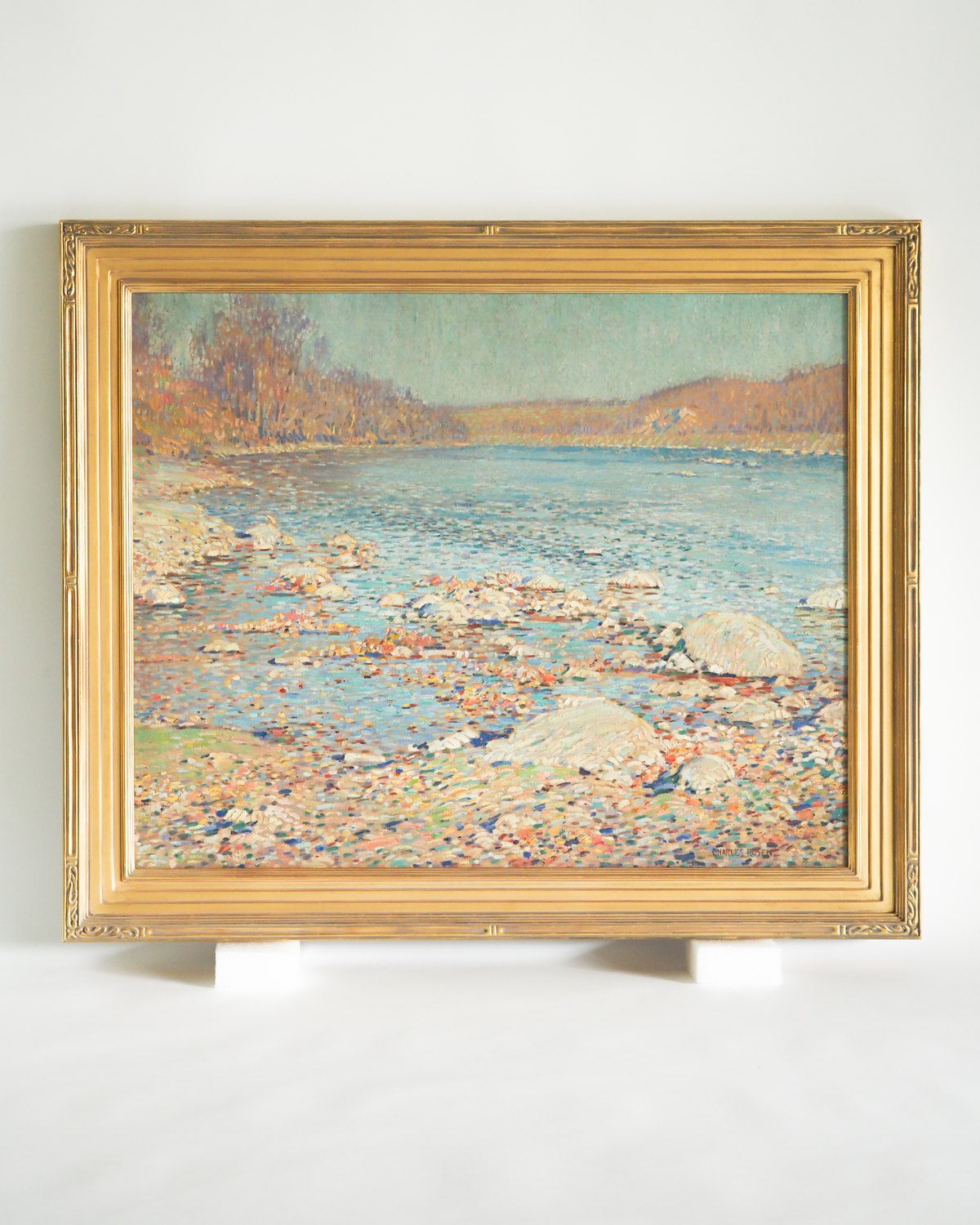 Charles Rosen landscape painting in a hand-carved, water-gilded gold leaf frame, SBAS Houston