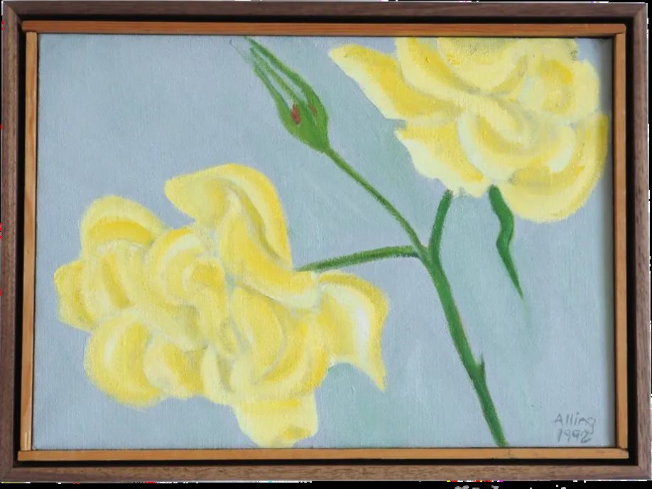 Janet Alling painting with original artist frame floated inside a custom walnut frame, SBAS Houston