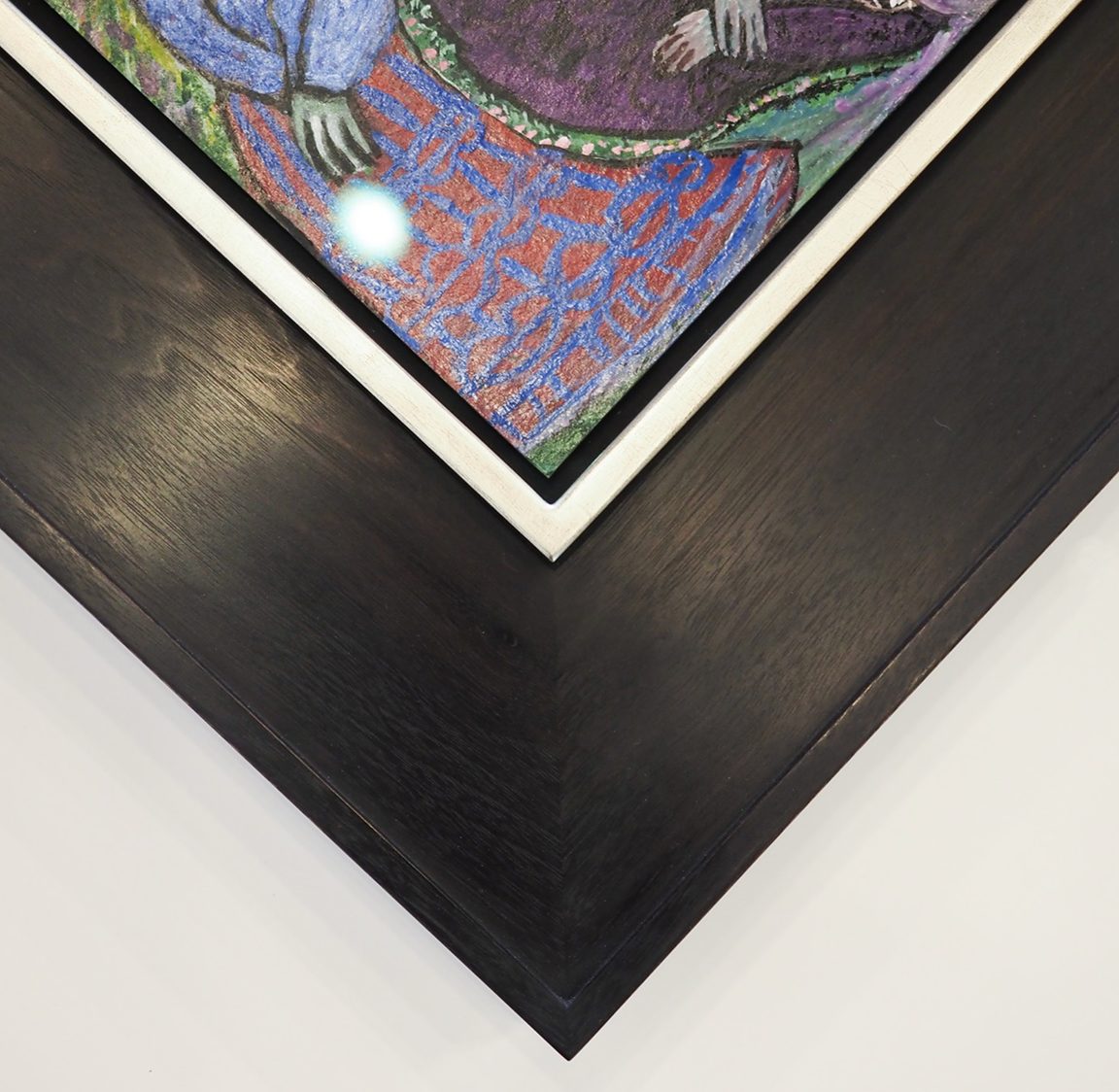 Ebonized walnut panel frame with 12k white gold gilded face on a Janet Sobel work, SBAS Houston