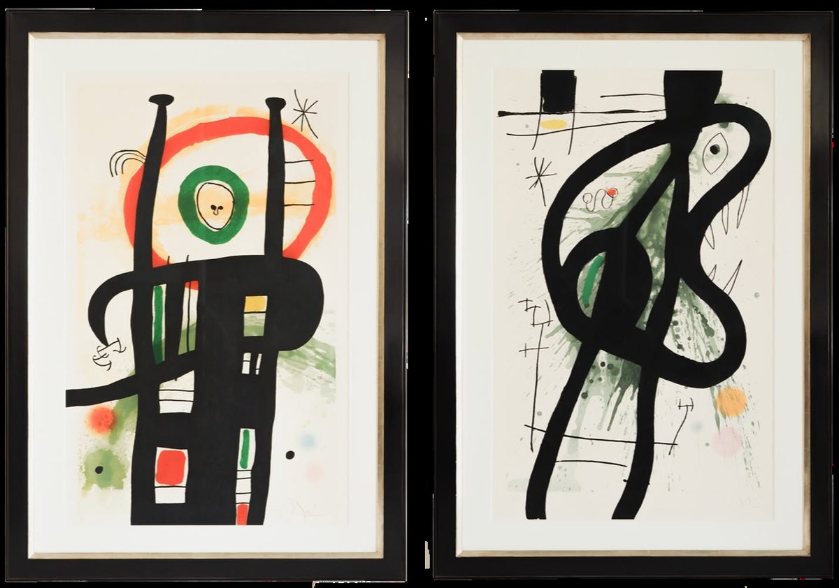 Two Joan Miró lithographs in antique black frames with white gold detail, SBAS Houston