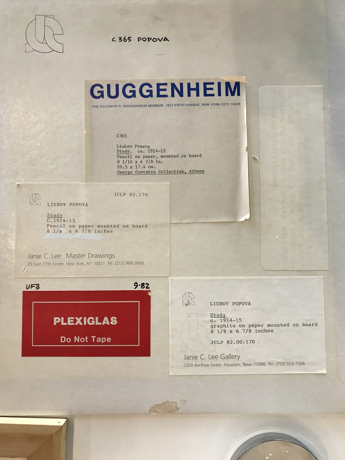 Verso of a framed artwork with preserved provenance labels, SBAS Houston