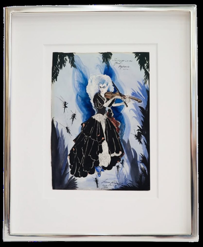 Leonora Carrington watercolor reframed in a white gold leaf frame with ebonized sides, SBAS Houston