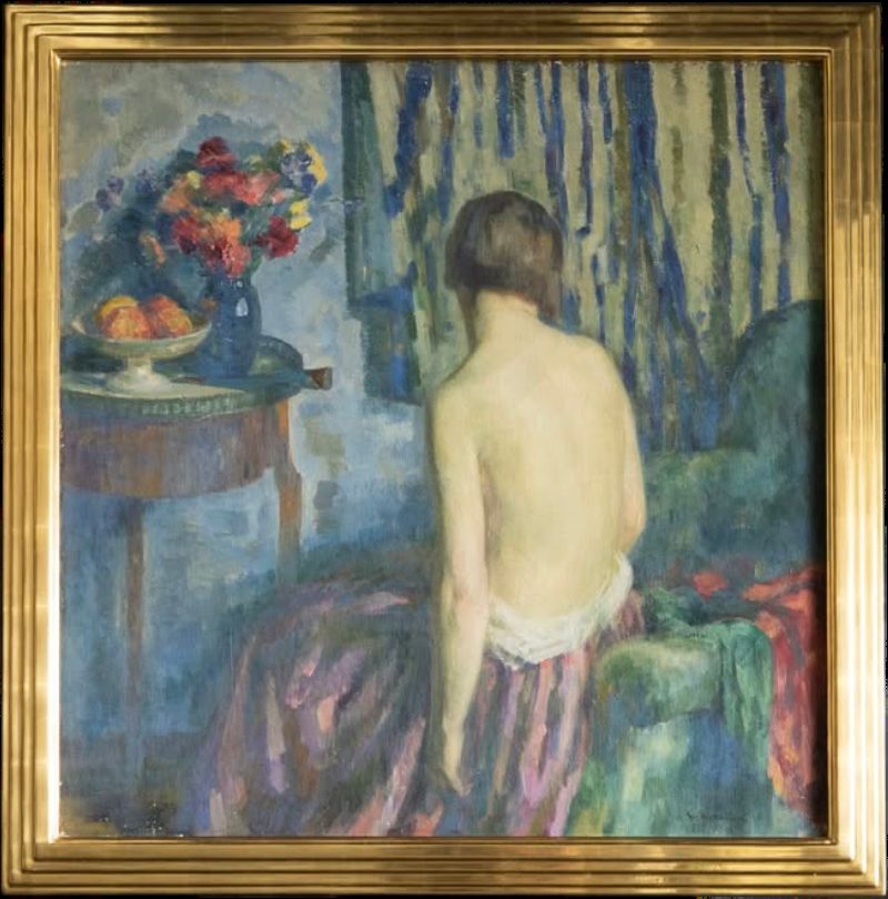 Louis Ritman painting The Green Chair in a 22k gilt step frame over brown clay, SBAS Houston