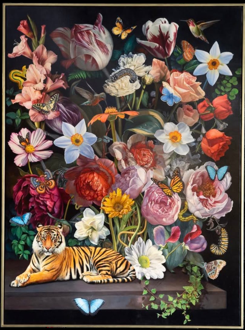 Marc Dennis painting Familial Flowers floated in an 18k lemon gold frame with walnut sides, SBAS Houston
