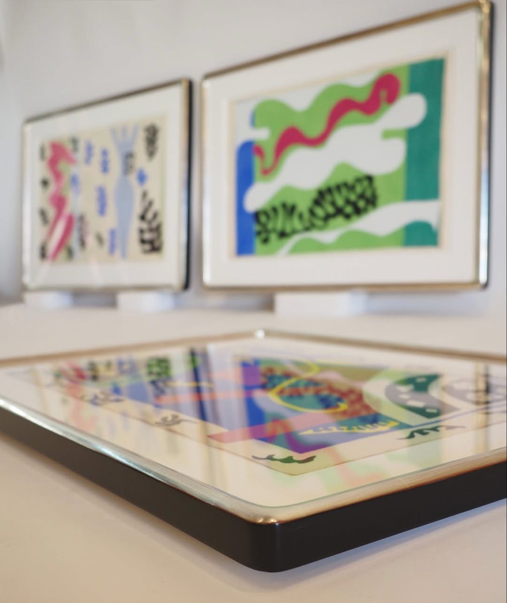Henri Matisse Jazz pochoir prints in rounded burnished white gold frames, SBAS Houston