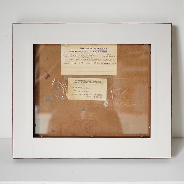 Verso window revealing historic gallery labels on the Niles Spencer painting
