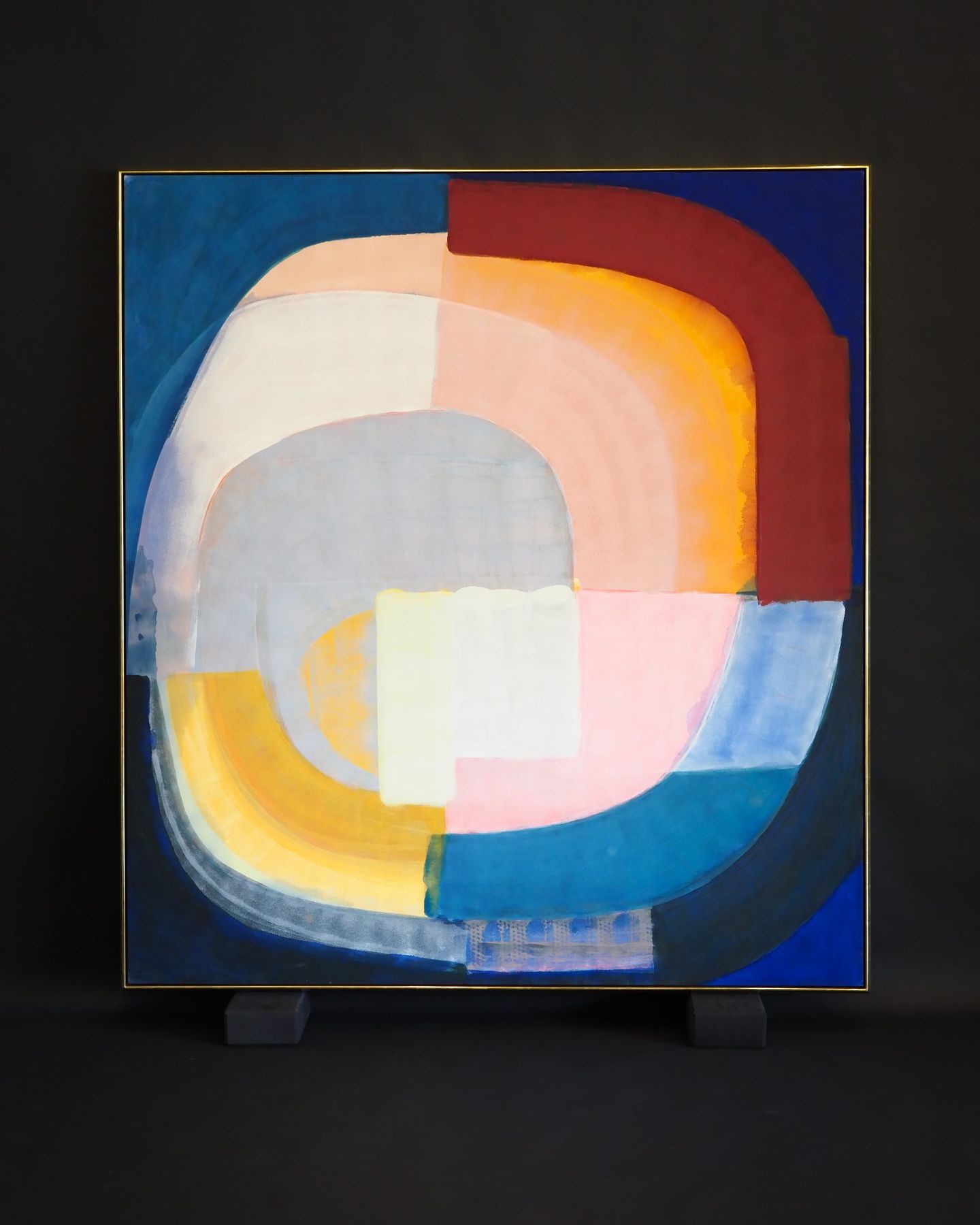 Abstract painting in a Georgia O'Keeffe-style rounded silver-gilt frame, SBAS Houston