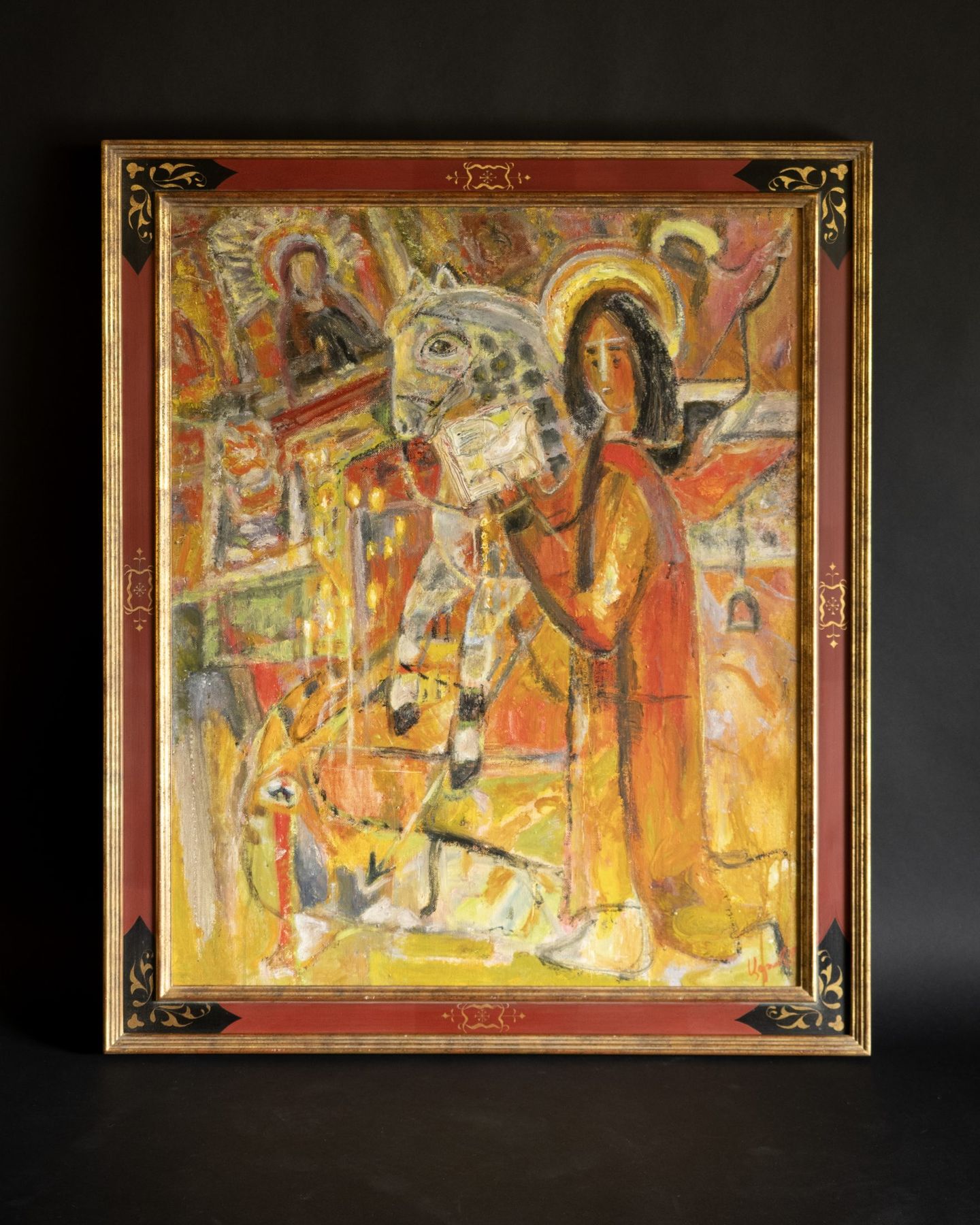 Icon painting in an ornamented gilt frame with painted corner devices, SBAS Houston