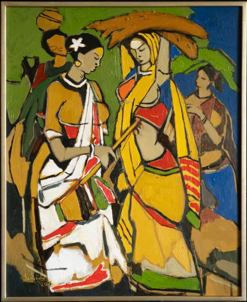 Sanjiivv Sankpal painting Village Folk in a white gold over yellow clay frame, SBAS Houston