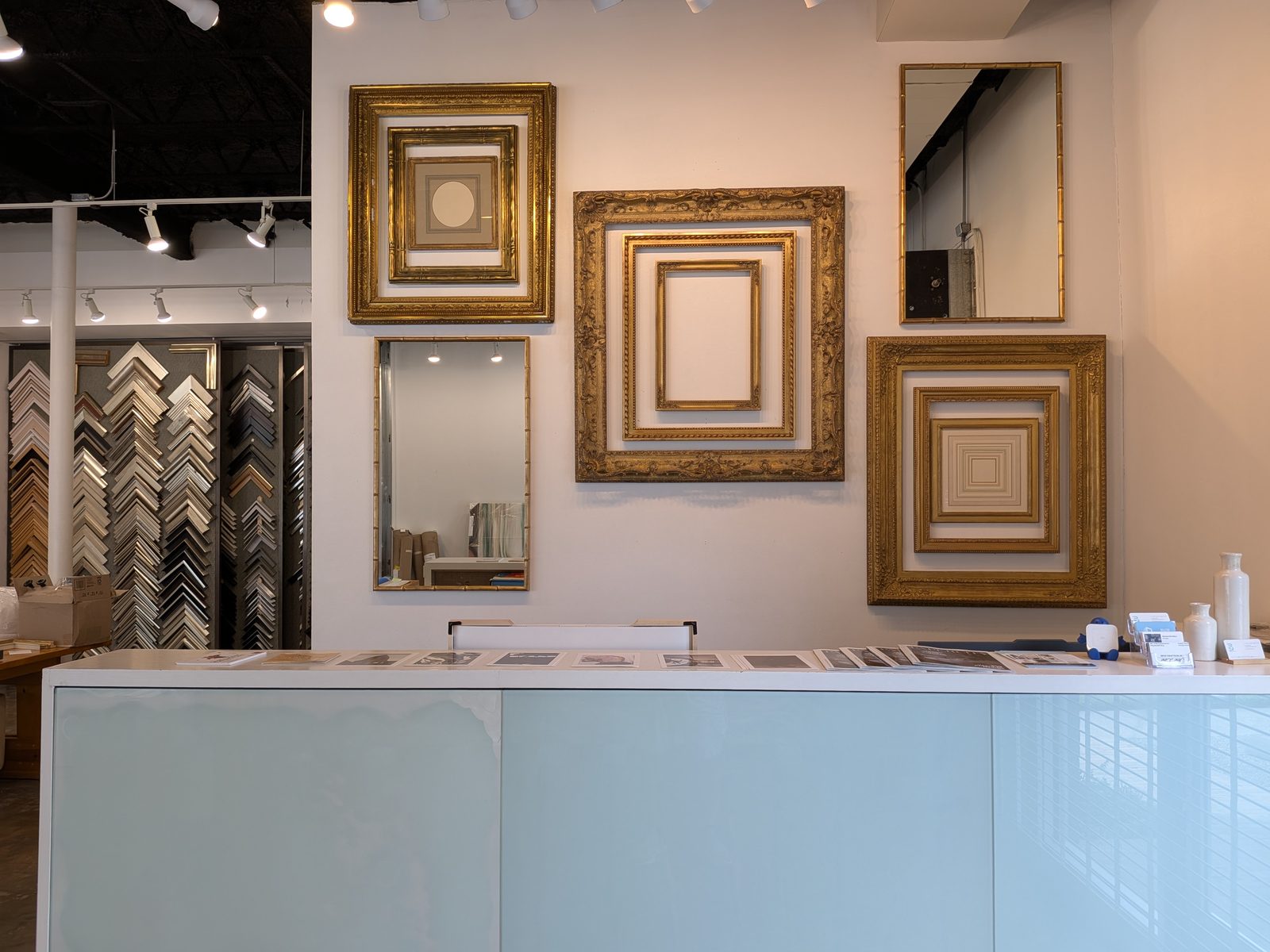 The showroom and front desk at Sarah Balinskas Art Services, Houston