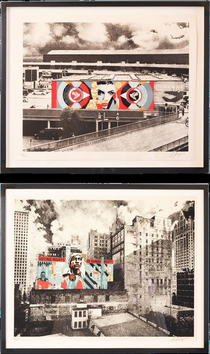 Shepard Fairey silkscreen prints in custom welded raw black steel frames, SBAS Houston