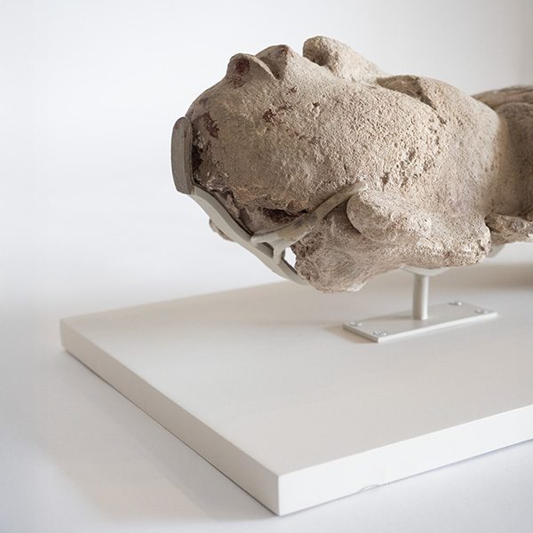 Stone bust supported by a custom wall armature on a painted wood deck, SBAS Houston