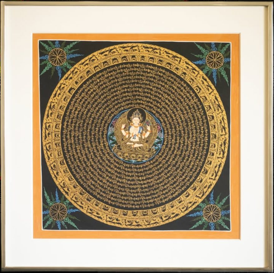 Tibetan thangka in a white gold frame with modern burnished finish, SBAS Houston