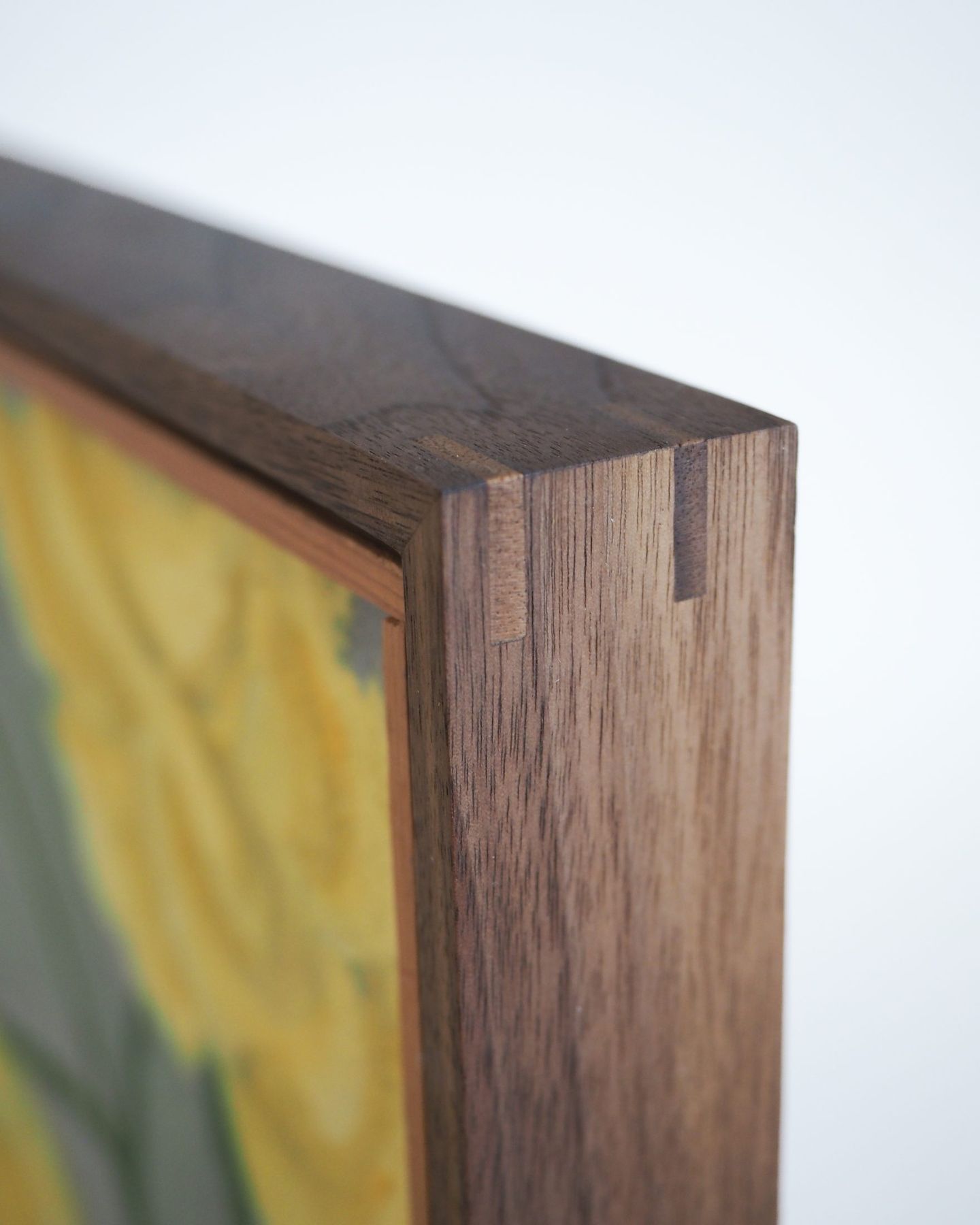 Spline corner joinery on a walnut frame, SBAS Houston
