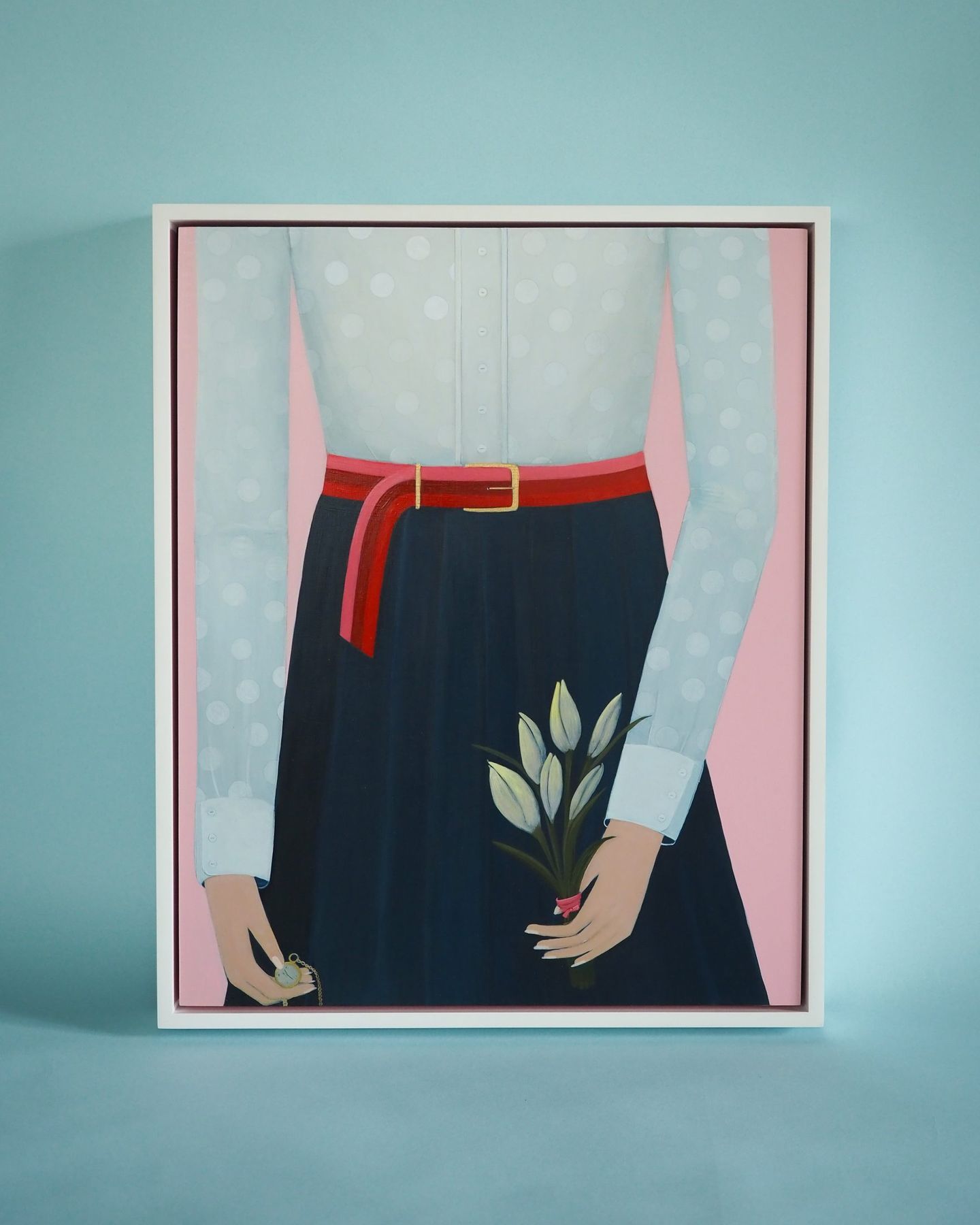 Contemporary figurative painting in a white maple float frame, SBAS Houston