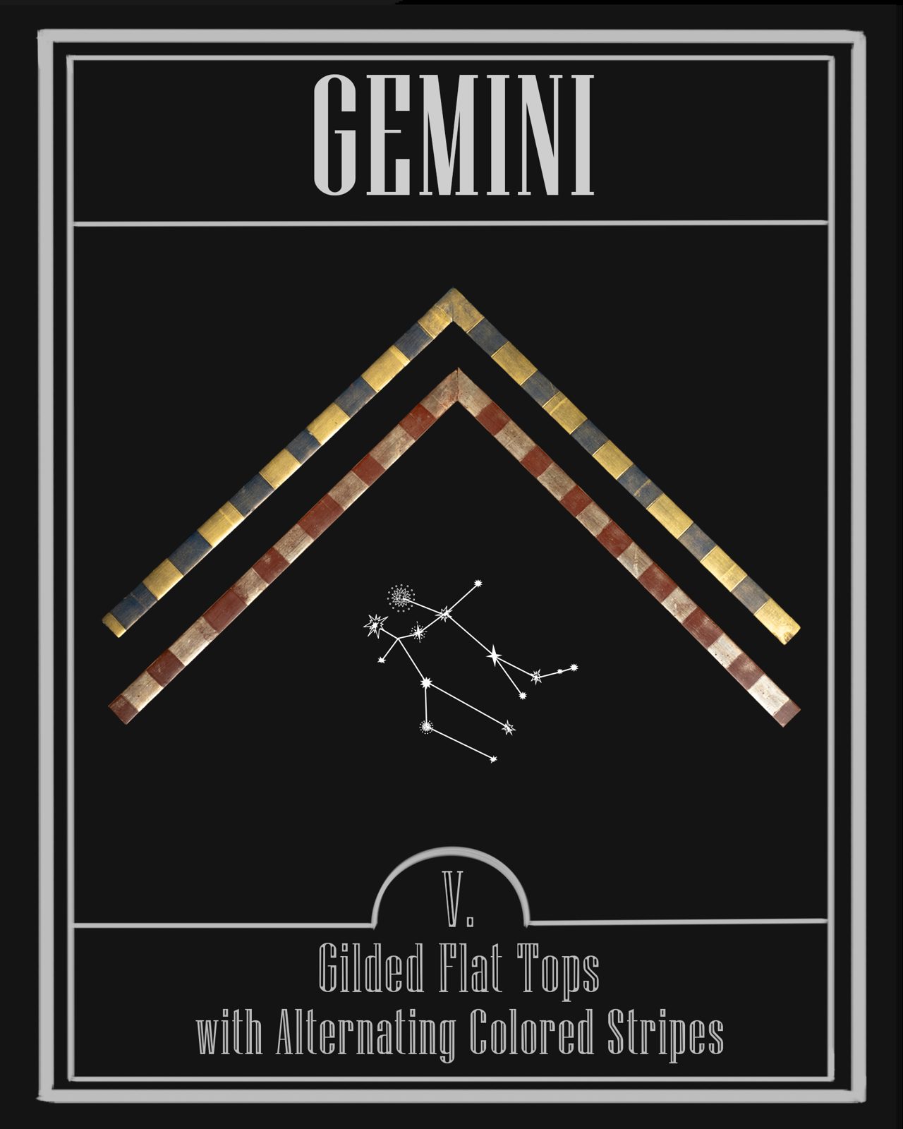 Frames of the Zodiac: Gemini — twin gilded flat top frames with alternating colored stripes, SBAS Houston